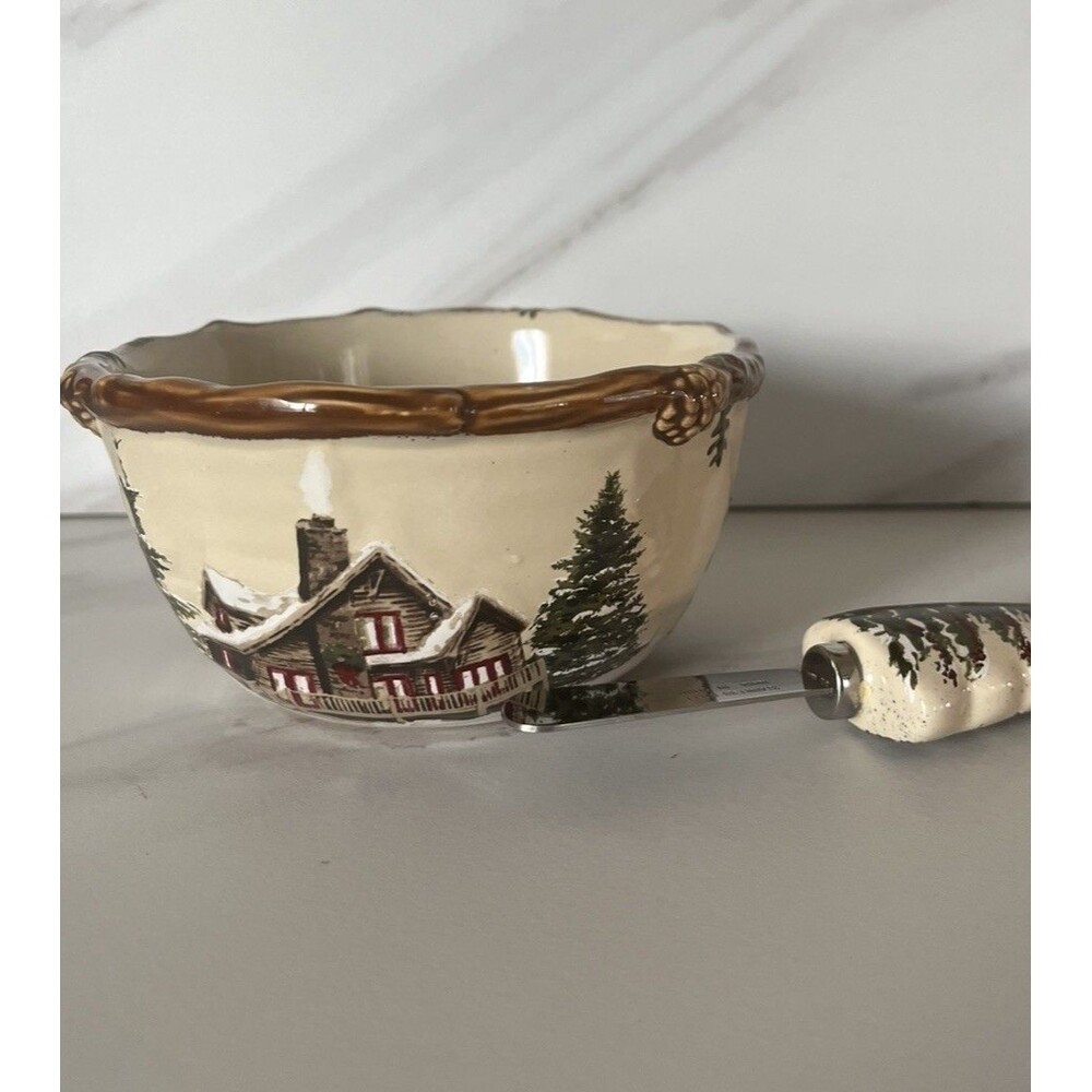 St Nicholas Square Snow Valley Dip Bowl & Spreader Christmas Winter Rustic Cabin